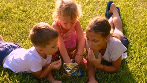 Children eat chips in the park. selective focus. Stock Footage 270923951