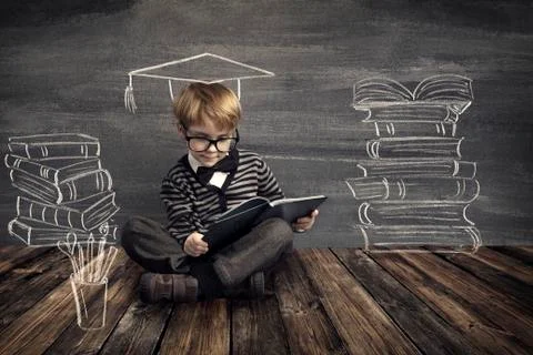 Children Education, Kid Read Book, School Boy Reading Dreaming About Books Stock Photos