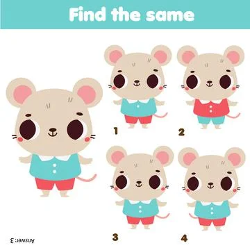Children educational game. Find two same pictures of cute mouse Stock Illustration
