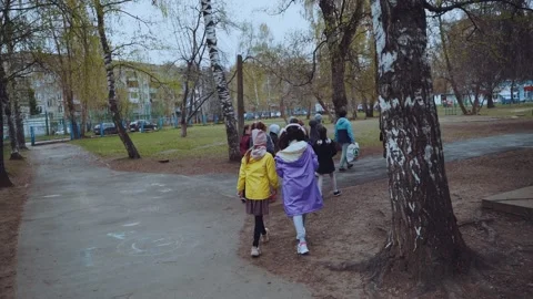 Children in elementary school go for a walk Stock Footage 194033941