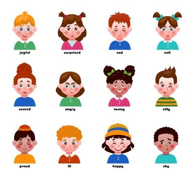 Children emotion expressions. Different cartoon faces. Angry or happy toddler Stock Illustration