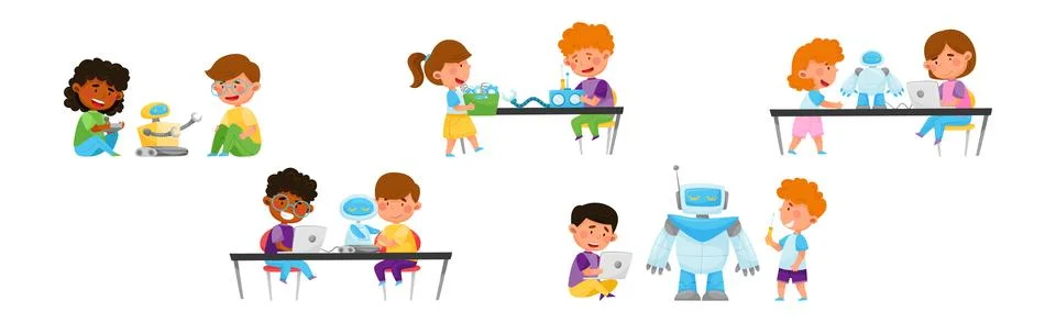 Children Engineering Robots Vector Illustration Set Illustrazione stock