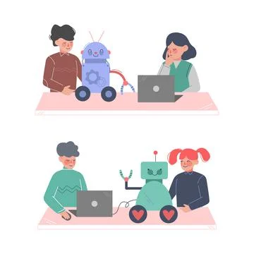 Children engineers making and programming robots set cartoon vector illustration 스톡 일러스트