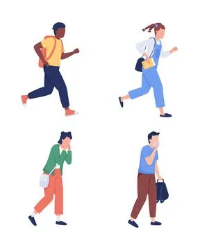Children evacuating from building semi flat color vector characters set Illustrazione stock