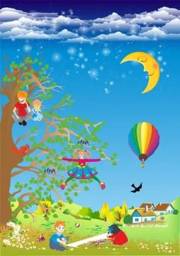 Children evening fun Stock Illustration