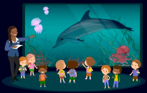 Children on an excursion to the aquarium イラスト素材