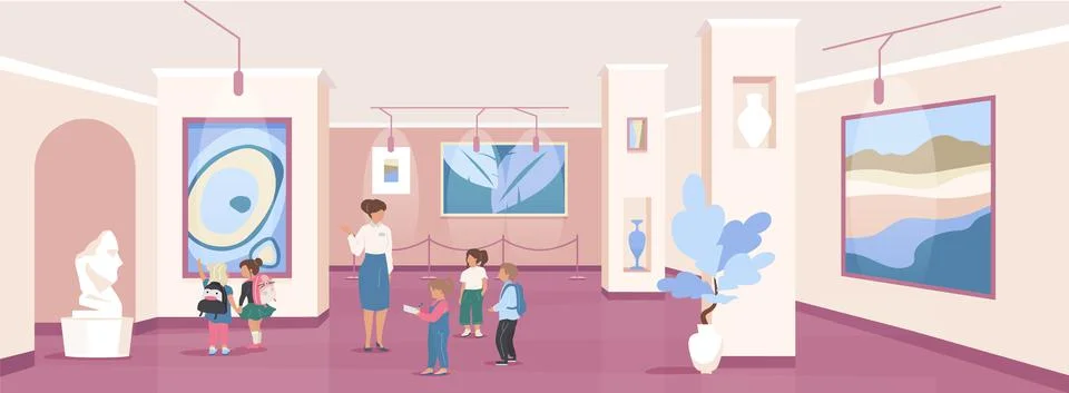 Children on excursion flat color vector illustration Stock Illustration