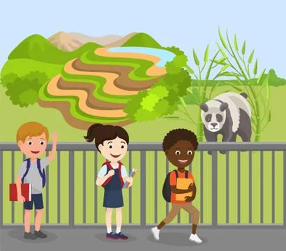 Children excursion to zoo vector illustration. Wild cute animal panda behind Stock Illustration