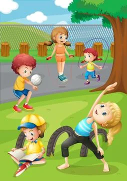 Children exercising in the park Ilustración de archivo