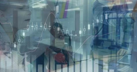 Children exploring digital interfaces with graphs and charts in futuristic Illustrazione stock