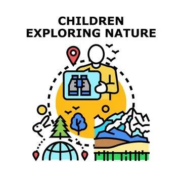Children exploring nature and discovering outdoor adventure Stock Illustration