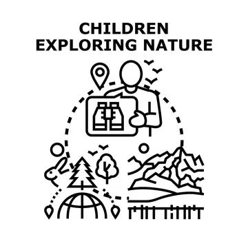 Children exploring nature and discovering outdoor adventure Stock Illustration