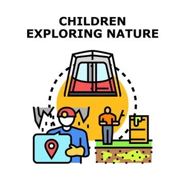 Children exploring nature and science outdoors concept Stock Illustration