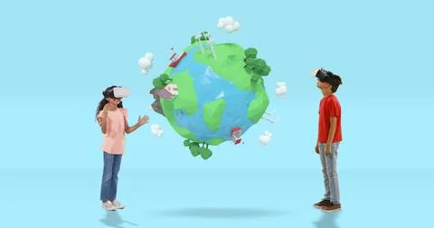 Children exploring virtual reality world with VR headsets, interacting with 3D Stock Photos