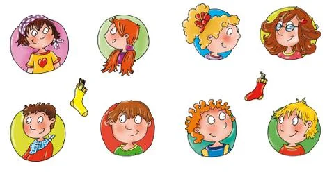 Children faces with colored backgrounds avatar funny comic Stock Illustration