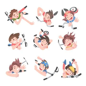 Children Falling Down from Kick Scooters Set, View from Above, Traumatic Stock Illustration