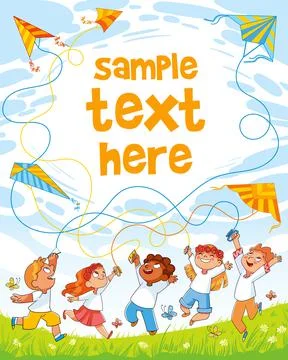 Children fly kites into the sky. Ready design for cover or poster Stock Illustration