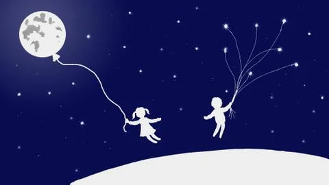 Children fly in space, the girl has the moon on the rope like a balloon Stock Illustration