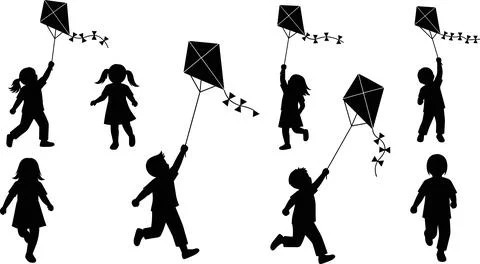 Children flying kites silhouette vector set, happy kids running with kite s.. Stock Illustration