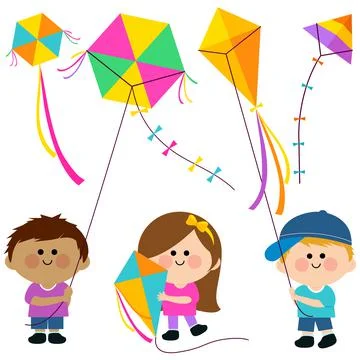 Children flying kites in the sky. Vector illustration Stock Illustration