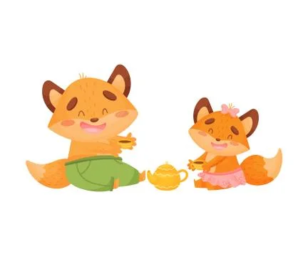 Children fox drink tea. Vector illustration on a white background. Stock Illustration