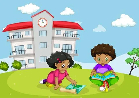 Children in front of building Ilustración de archivo