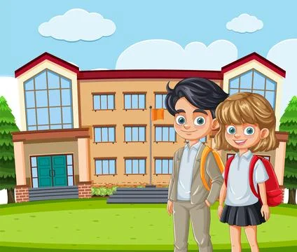 Children in Front of School Building Ilustración de archivo