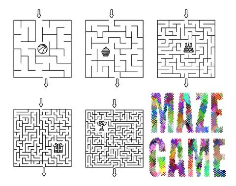 Children games. Set of square mazes, labyrinths with different difficulty lev Illustrazione stock