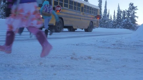 Children getting on school bus in winter. Stock Footage
