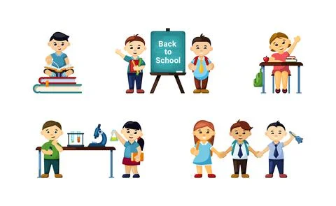 Children go back to school set. Little boys and girls happily sit their desks Illustrazione stock