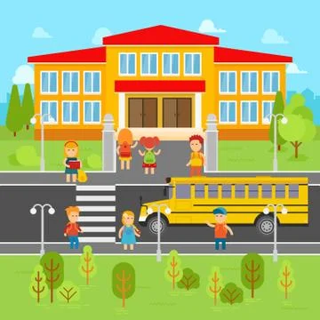 Children go back to school vector flat illustration. School bus, kids Illustrazione stock