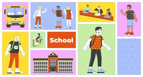 Children going to school and engaging in learning bento grid illustration set Ilustração Stock