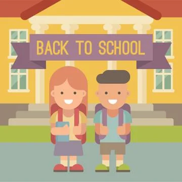 Children going to school. A boy and a girl with backpacks standing in front o Illustrazione stock