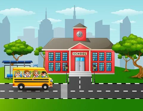 Children going to school with school bus Stock Illustration