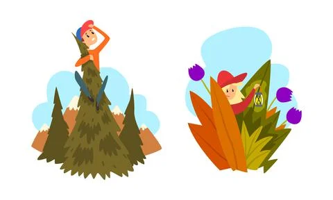 Children Got Lost in Forest, Boy Sitting on Pine and Looking into Distance, Girl 스톡 일러스트