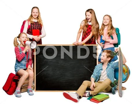 Children Group with Advertisement on Blank School Blackboard, Students on White Stock Photos