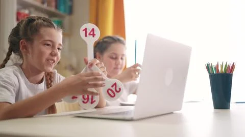 Children group are a learning remotely. orphanage in virtual lesson. teaching Stock Photos