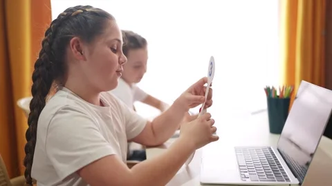 Children group learning remotely. child home in virtual lesson. learning Stock Footage 289541703