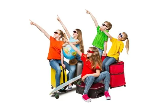 Children Group Pointing Travel Destination, Teens in Sunglasses on Suitcases Stock Photos