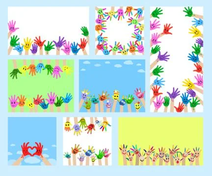 Children hands with smiling face vector illustrations colorful happy kid palms Stock Illustration