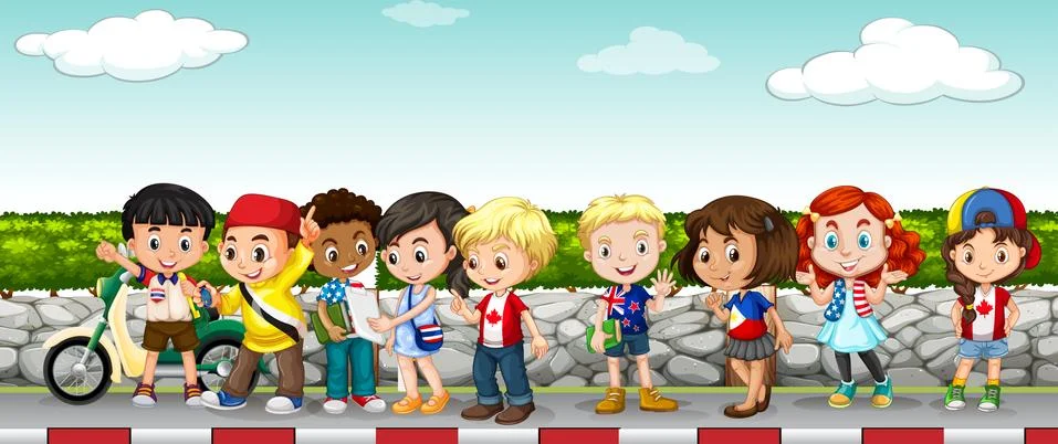 Children hanging out on the sidewalk Ilustración de archivo