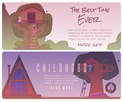Children have fun on tree house, childhood vector flyers tamplate, wooden hut Stock Illustration