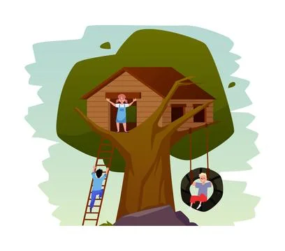 Children have fun on tree house, wooden lodg with swing and ladder, vector Stock Illustration