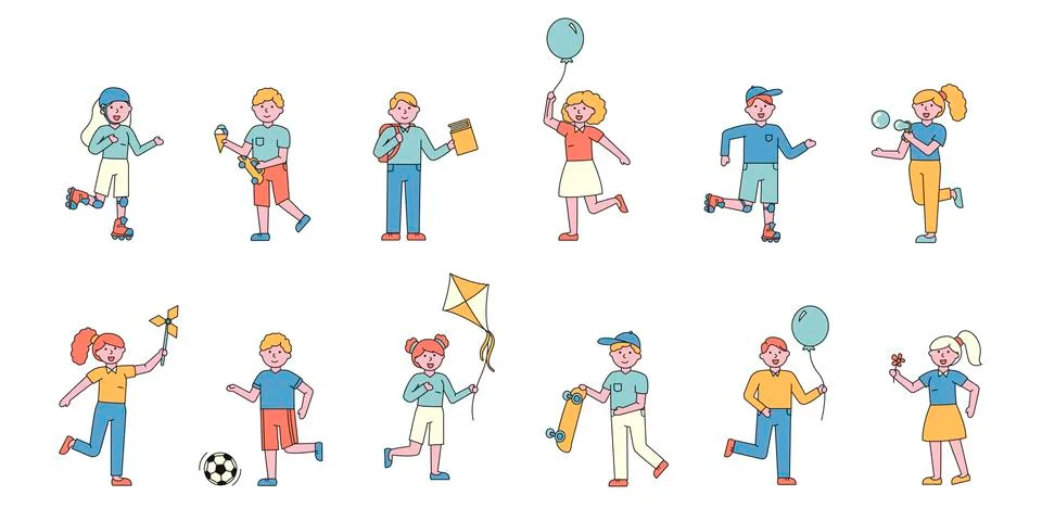 Children having fun flat line people character Stockillustratie