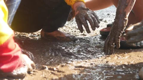 Children having fun playing in the mud Stock Footage 310116745