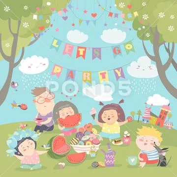 Children having picnic at the lawn Stock Illustration