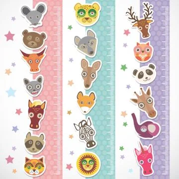 Children height meter wall Sticker set. funny animals muzzle stiker with star Иллюстрация