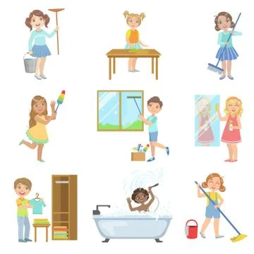 Children Helping With Spring Cleaning Illustrazione stock