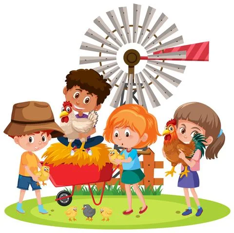 Children holding chicken with farm elements Illustrazione stock