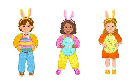 Children Holding Easter Eggs in their Hands Stock Illustration